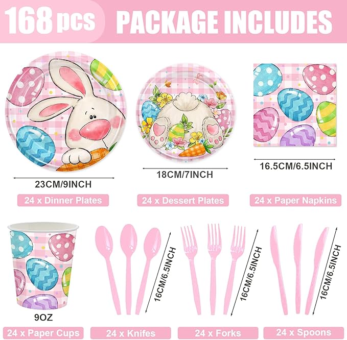 168PCS Easter Party Supplies Easter Egg Party Decorations with Pink Plaid Bunny Paper Plates and Napkins Cups for Spring Themed Easter Birthday Party Serves 24
