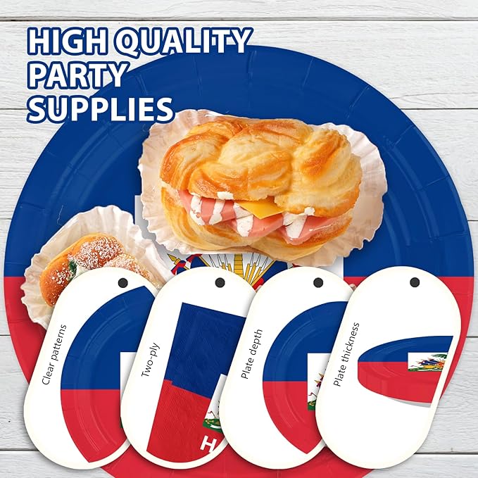 96Pcs Haitian Flag Party Decor Haiti Country Flag Plates and Napkins Haiti Theme Disposable Paper Tableware Set for Patriotic Festival School Sports Events Birthday Party Supplies Serves 24