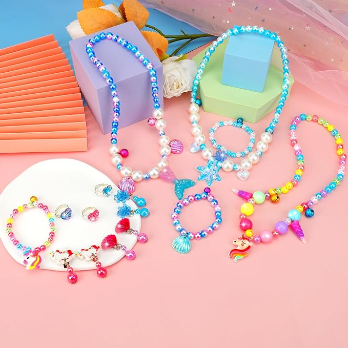 Jewelry Toys for Girls, Classic Unicorn Mermaid Frozen Themed Necklaces Bracelets Rings Earrings Set for Princess Dress Up Pretend Play, Toddler Costume Jewelry, Little Girls Christmas Birthday Gifts