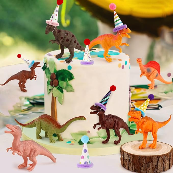 Hooqict 20Pcs Dinosaur Cake Decorations with Mini Birthday Party Hats Dinosaur Cake Topper for Kids Boys Girls Wild Animals Dino Themed Birthday Party Decorations Supplies
