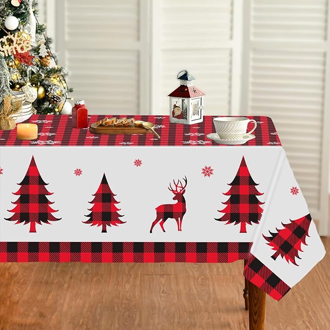 3PCS Christmas Tablecloth, Red and Black Buffalo Plaid Rectangular Plastic Christmas Tablecloth, Winter Snowflake and Reindeer Disposable Waterproof Table Cover for Party Dinner Decor, 51.2x 86.6inch