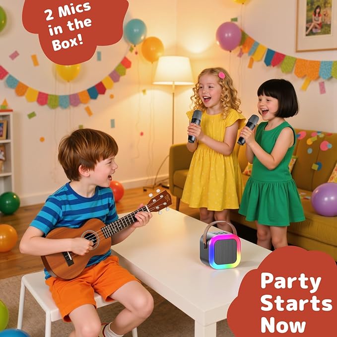 Fede Karaoke Machine for Kids Adults, Mini Karaoke Machine with 2 Wireless Microphones, Portable Bluetooth Speaker with Voice Changing Effects & LED Lights, Best Gifts Toys for Girls and Boys