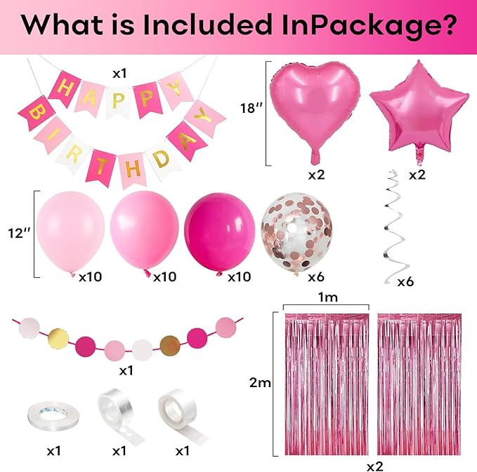 Pink Birthday Decorations for Girls, Hot Light Pink Balloon Garland Arch Kit Happy Birthday Banner Foil Curtain Heart Star Foil Party Balloons for Princess Party Decor