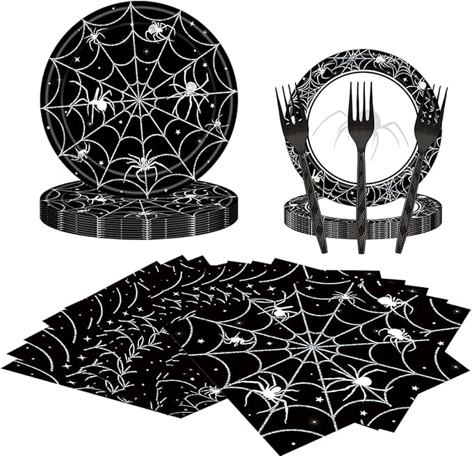 80 Pcs Halloween Spider Web Tableware Party Supplies - Disposable Dinnerware Set with Paper Plates, Napkins, and Forks for Spooky Halloween Party Supplies, Birthday Decorations Serves 20