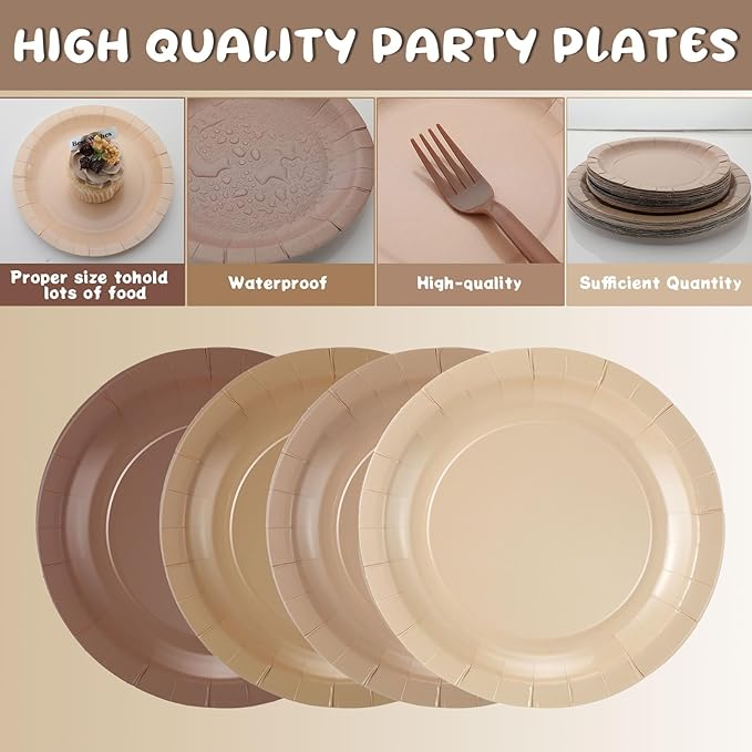 96 Pcs Brown Gradient Tableware Sets for 24 Guests Include 9 '' and 7'' Paper Party Plates Disposable Cocktail Napkins Plastic Forks Dinnerware for Birthday Wedding Tea Party Baby Shower