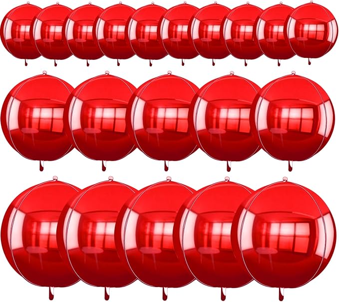 TONIFUL 16Pcs Large Red 4D Giant Round Foil Balloon 4D Mirror Metallic Mylar Sephere Balloons for Christmas New Year Birthday Party Graduation Wedding Baby Shower Decoration Supplies(Mix Sizes)