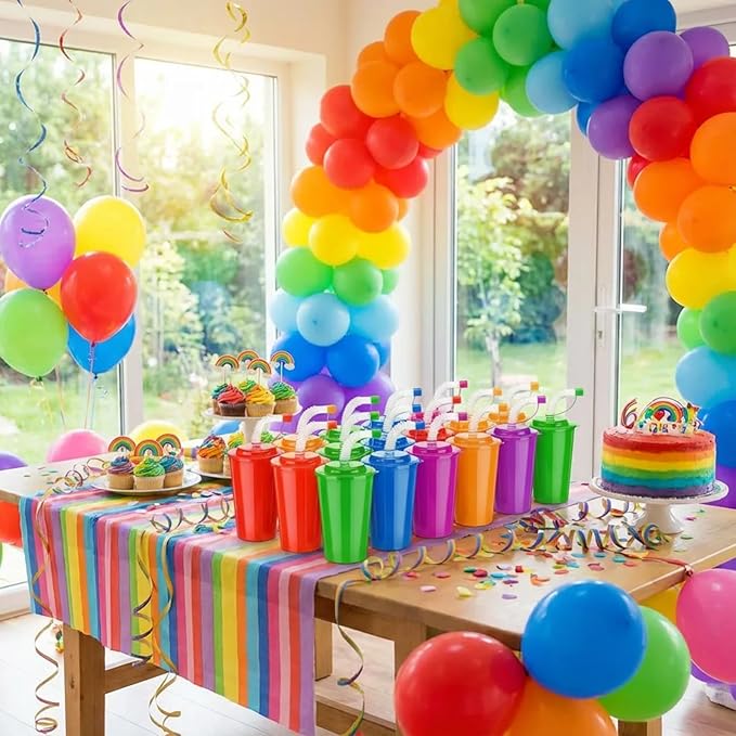 Zubebe 96 Pcs Neon Straws Cups 12 oz Colorful Neon Cups with Sipper and Lids Plastic Favor Reusable Straw for Birthday Party Events Supplies, 6 Colors