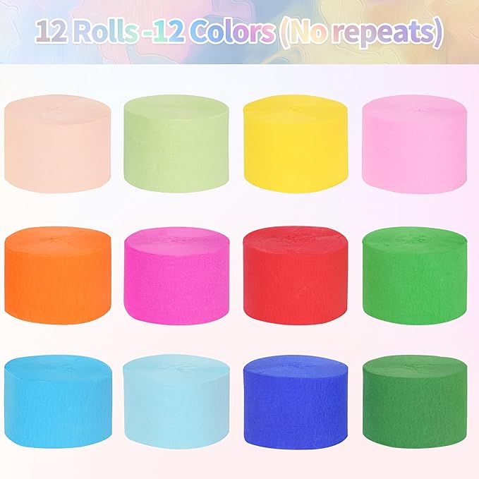 12 Rolls Crepe Paper Streamers - 12 Colors, Colorful Birthday Streamers for Birthday, Wedding, Baby Shower, Ocean, Rainbow, Bachelorette Party Decorations