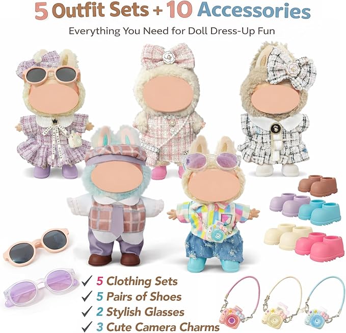 5-Pack Doll Clothes Set for 15–17cm Dolls, Includes 3 Dress Outfits and 2 Suit Outfits, Perfect for Play and Display, Doll Accessories for Collectors (No Dolls)
