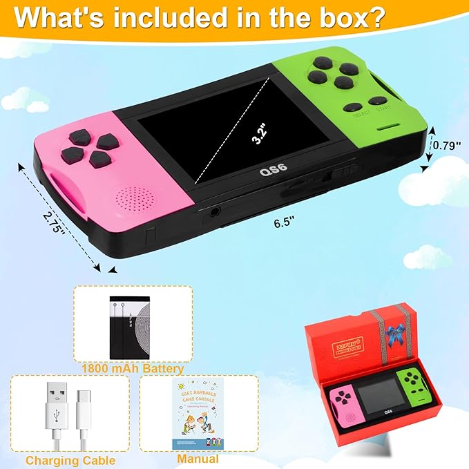 JJFUN Portable Retro Handheld Game Console, 138 Classic Games and 3.2'' IPS Screen , Rechargeable Portable Toy for Home/Car/Travel, Perfect Birthday/Christmas for Kids Ages 3-12
