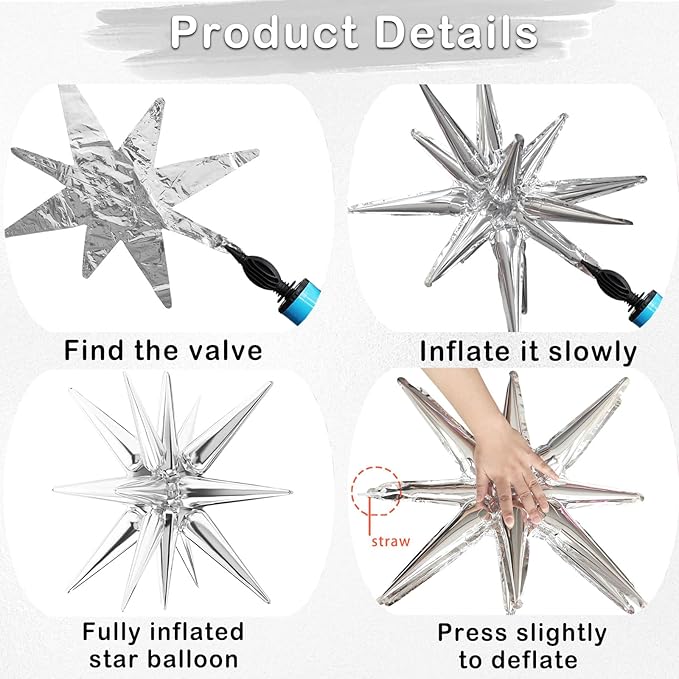 20 Pcs Star Balloons 27”22”Explosion Star Foil Balloons- 12 Point Star Balloons,Silver Spike Balloons and Four Pointed Star Balloos for Party Supplies Christmas Birthday Wedding Photo Booth (Silver)