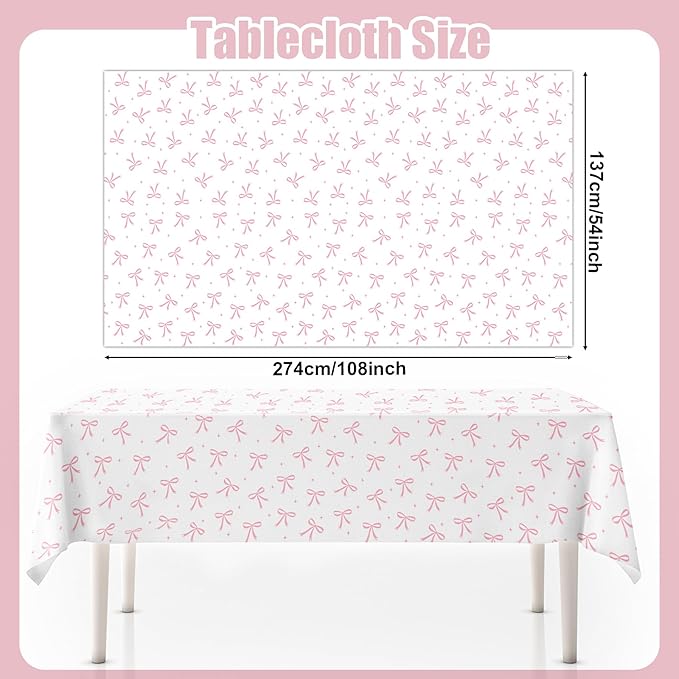3pcs Coquette Pink Bow Tablecloth, 54 x 108 inch Bow Party Plastic Table Cover, Coquette Birthday Decorations for Bachelorette Bridal Shower, Baby Shower, Girls Birthday Party Supplies