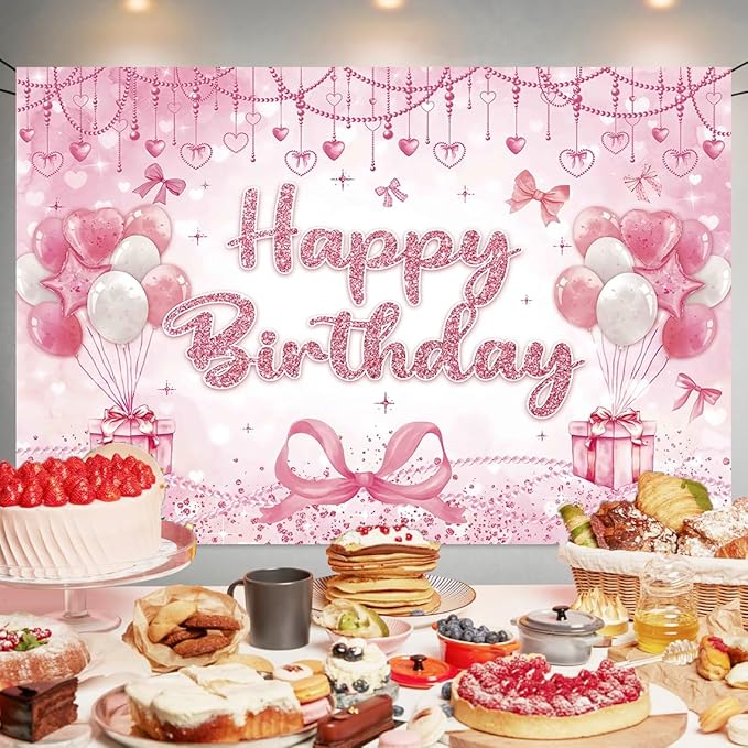 Pink Heart Bow Happy Birthday Backdrop Decorations Bow Banner Pink Bowknot Photo Background for Girls Birthday Party Decorations Supplies 70.8 x 47.2 Inch