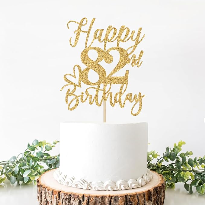 Happy Birthday Cake Topper, 82nd Birthday Decorations, Cheers to 82 Years, Hello 82, Gold Glitter Party Supplies