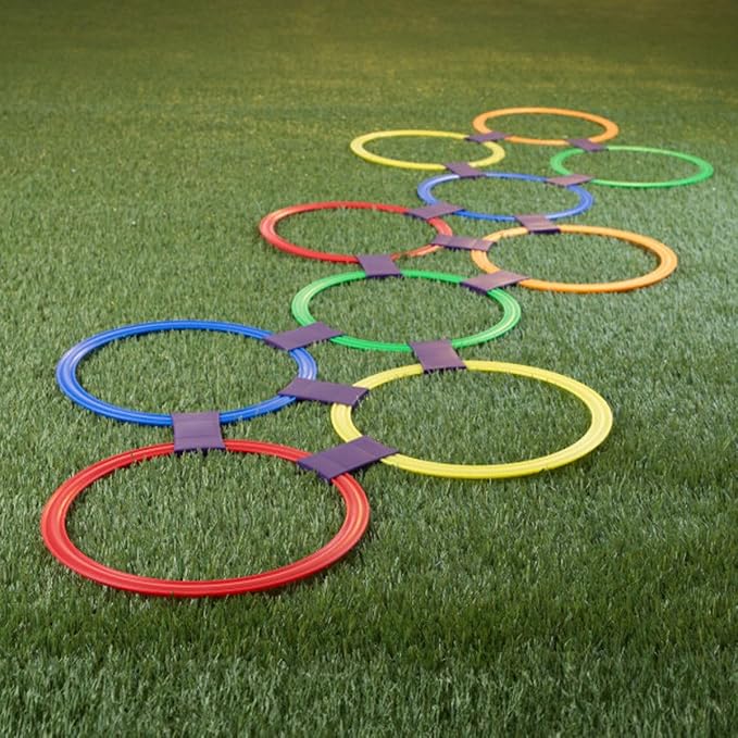 HEY! PLAY! Hopscotch Rings Game - Ten 11-Inch Plastic Rings and 15 Connectors for Indoor and Outdoor Use - Play Set for Girls-and Boys (Multicolored),(Pack of 2)