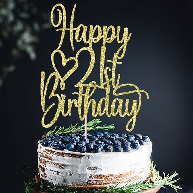 Gold Glitter Happy 21st Birthday Cake Topper - Cheers to 21 Years Cake Topper, 21 & Fabulous Cake Decoration for Hello 21st Birthday Anniversary Party Cake Decorations Supplies
