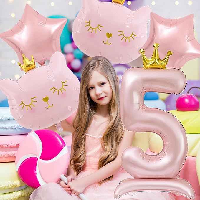 Pink Cat Balloon Set, Crown Cat Foil Balloon, 5 Year Old Girl Birthday Party Decoration, Cat Theme Party Decoration, Theme Party Supplies for Girls Kitten Pet Cat (5)