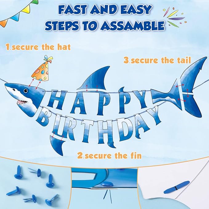 WERNNSAI Shark Happy Birthday Banner - Pre-strung Shark Birthday Banner for Kids Boys, Ocean Theme Party Supplies, Beach Under The Sea Theme Party Hanging Wall Decor