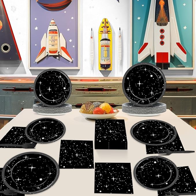 Qyeahkj 200Pcs Stars Birthday Party Decorations Galaxy Plates and Napkins Space Theme Paper Plate Supplies for Outer Spaces Disposable Tableware Dinnerware Set Baby Shower Night Sky Decor for 50 Guest
