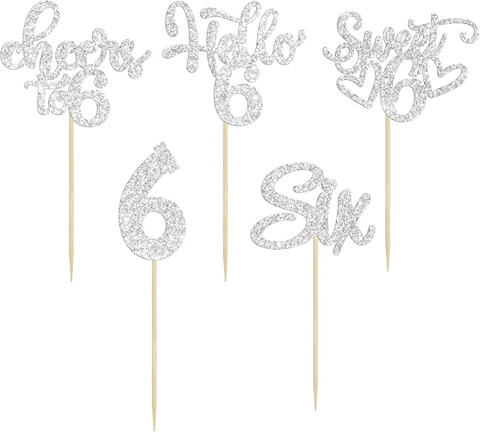 30Pcs 6th Birthday Cupcake Toppers Glitter Six Hello 6 Cupcake Picks Cheers to 6 Years Old Cake Decorations for 6th Birthday Party Supplies Silver