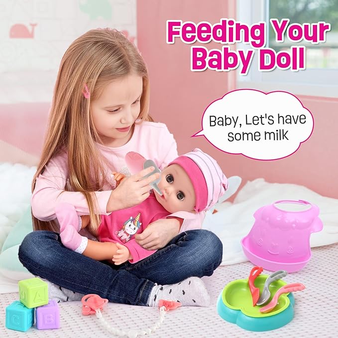 Baby Doll Accessories Playset, Baby Doll Care Toys with Changing Bag Backpack Feeding Set Doll Nappies Bottle Bath, Birthday Toys for Kids Girls (Doll Not Included)