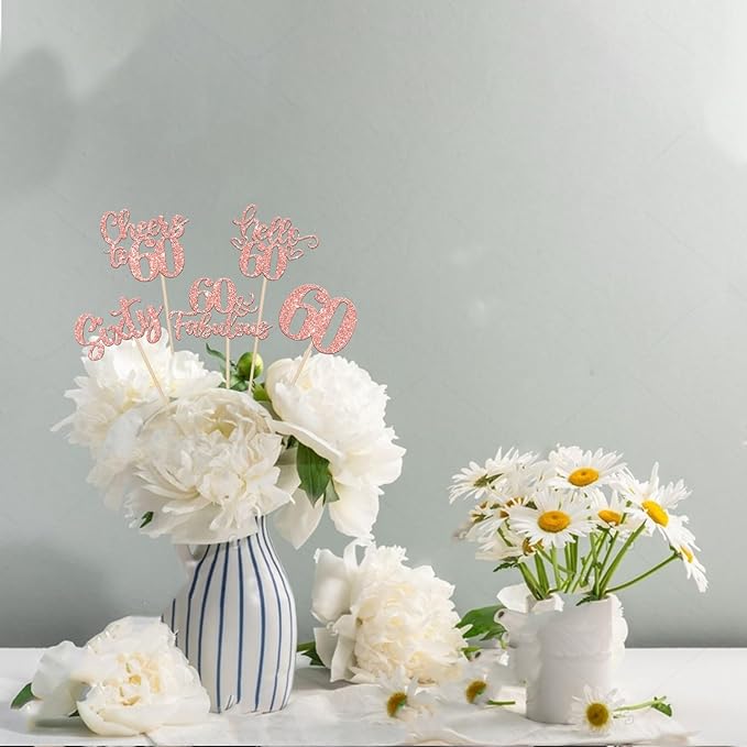 15PCS Happy 60th Birthday Centerpiece Sticks Sixty Hello 60 Cheers to 60 Table Flower Centerpieces Sticks 60 Fabulous Floral Decorations for Happy 60th Birthday Party Centerpieces Supplies Rose Gold