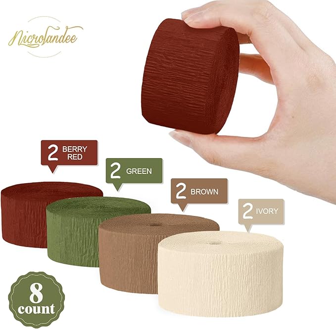 NICROLANDEE Christmas Decorations, 8 Rolls Green Red Brown Crepe Paper Party Streamers for Xmas Hanging Backdrops Decorations, Wedding, Bridal Baby Shower, Birthday, Christmas DIY Craft Supplies