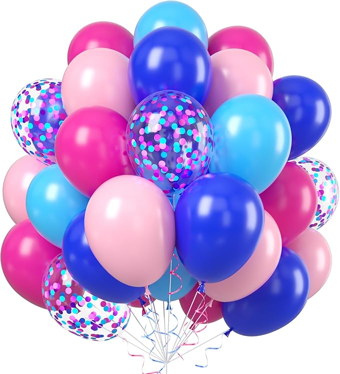 Pink and Blue Balloons, 60pcs 12 Inch Royal Light Blue Hot Pink Confetti Birthday Balloons for Girl Fun Theme Birthday Beach Party Supplies Baby Shower Party Decorations