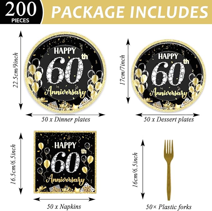 Qyeahkj 50 Guests 60th Anniversary Plates and Napkins Party Supplies 60th Wedding Party Decorations Disposable Tableware Set Dinnerware Favor for Birthday Women, 200PCS