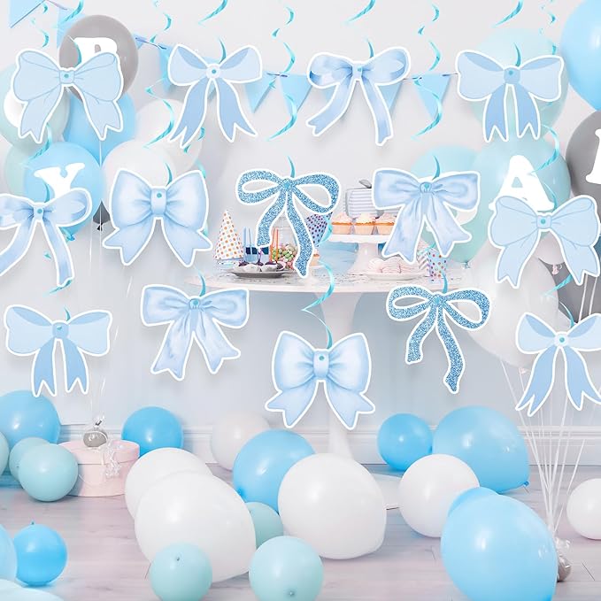 28 Pcs Bow Birthday Decorations Coquette Bow Birthday Hanging Swirls Decorations for Bridal Shower Party Supplies Wedding Christmas Party (Blue)