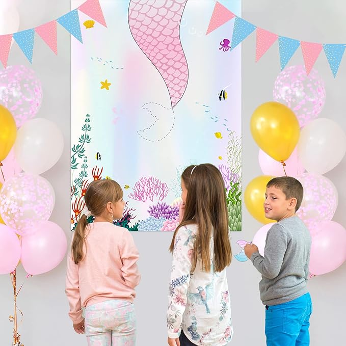 ASTARON Pin The Tail on The Mermaid Game for Birthday Party, Mermaid Party Game with 24 pcs Tail Stickers Birthday Party Supplies for Wall Home Room Decorations