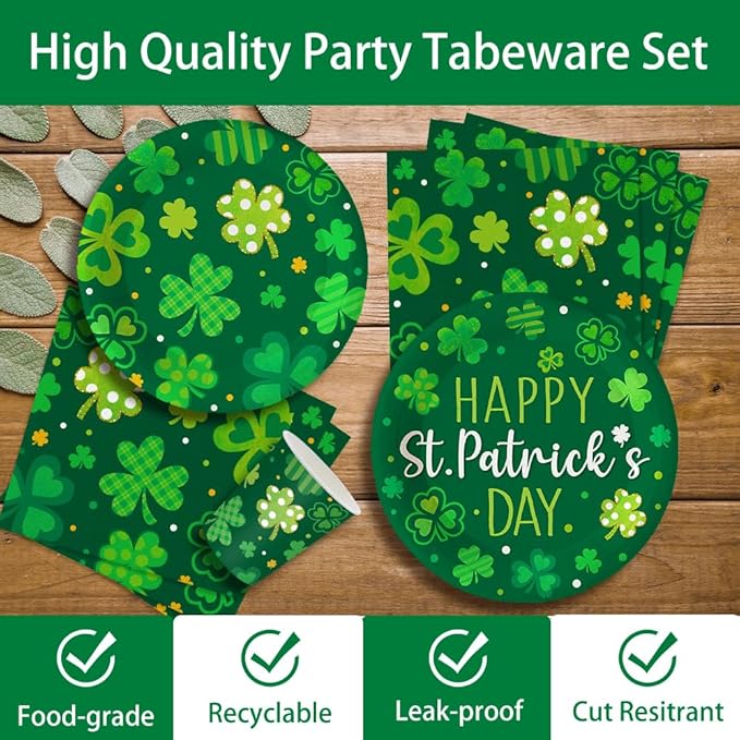 140Pcs Happy St. Patrick's Day Party Supplies Clover Plates and Napkins St. Patrick's Day Party Decorations Green Paper Plates Irish Festival Dinner Plates, Serve for 20 Guest