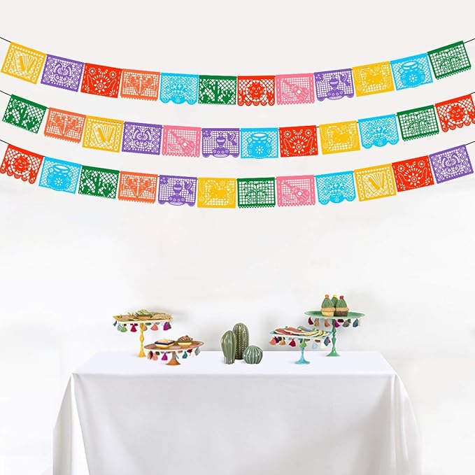 3 Packs Mexican Banners, 66 Ft(22ft x 3) Papel Picado Banner, Large Plastic Mexican Fiesta Banners Cinco de Mayo Party Fiesta Decorations Mexican Themed Birthday Party Supplies 12 Patterns with String