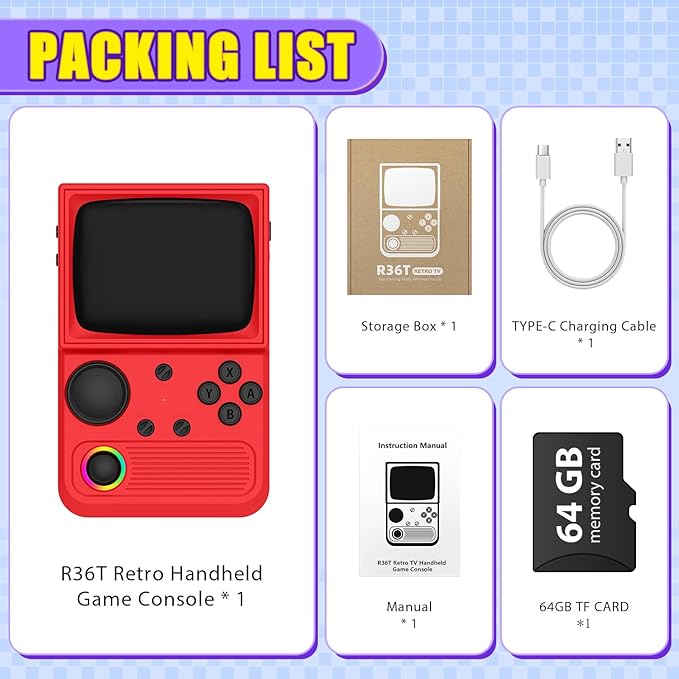 R36T Retro Gaming Console, 3.5'' IPS Screen CRT-Inspired, Handheld Game Console with 18000+ Classic Games Supports WiFi Networked Fighting and OTG, 3500mAh Battery, with Portable Case(Red 64GB)