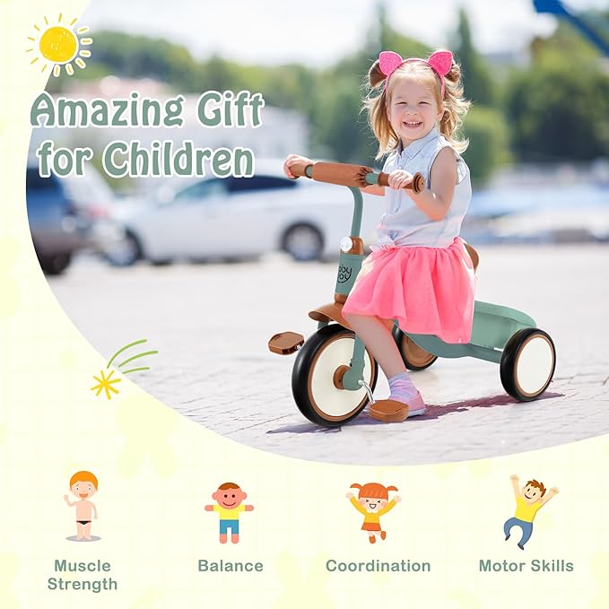 BABY JOY Toddler Tricycle, Kids Trike with Adjustable Seat and Storage Basket for Boys Girls Indoor and Outdoor Riding, Toddler Trike for Baby 3-5 Years Old (Green)