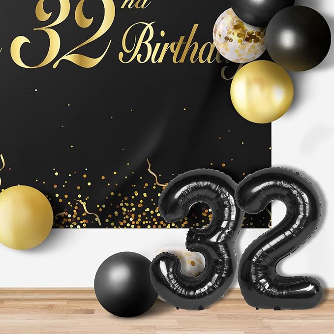 Happy 32nd Birthday Balloons Black Set Decor - Cheers to 32 Years Old Party Theme Garland Banner Backdrop Decorations For Women and Men Supplies