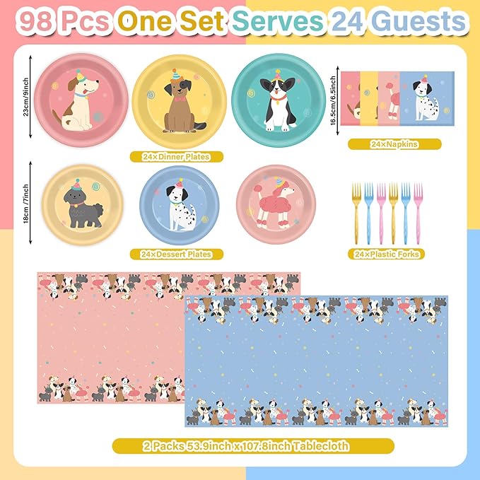 98Pcs Pet Dog Birthday Party Supplies Retro Puppy Themed Paper Plates Napkins Puppy Party Tableware Tablecloth Disposable Pet Dog Decorations Dinnerware for Kids Birthday Baby Shower Table Decor