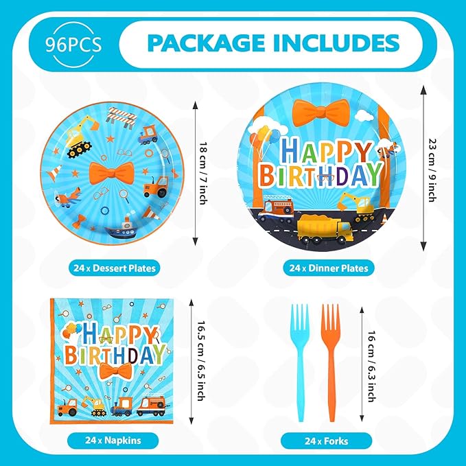 96 Pcs Blue Orange Cartoon Party Supplies Cartoon English Teacher Paper Plates Blue Orange Birthday Party Platter Tableware for Boy Girl Kids Teacher Back to School Themed Parties Decor Serves 24
