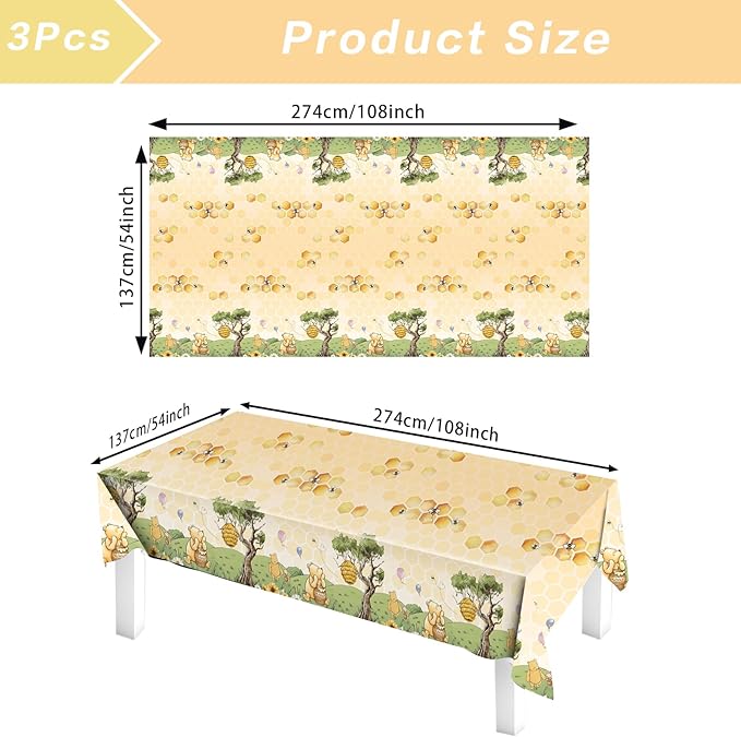 3pcs Party Tablecloth Bear Baby Shower Tablecloths Classic Bear Disposable Thickened Plastic Table Cover for Kids 1st 2rd Baby Party Supplies 54x108Inches (Yellow)