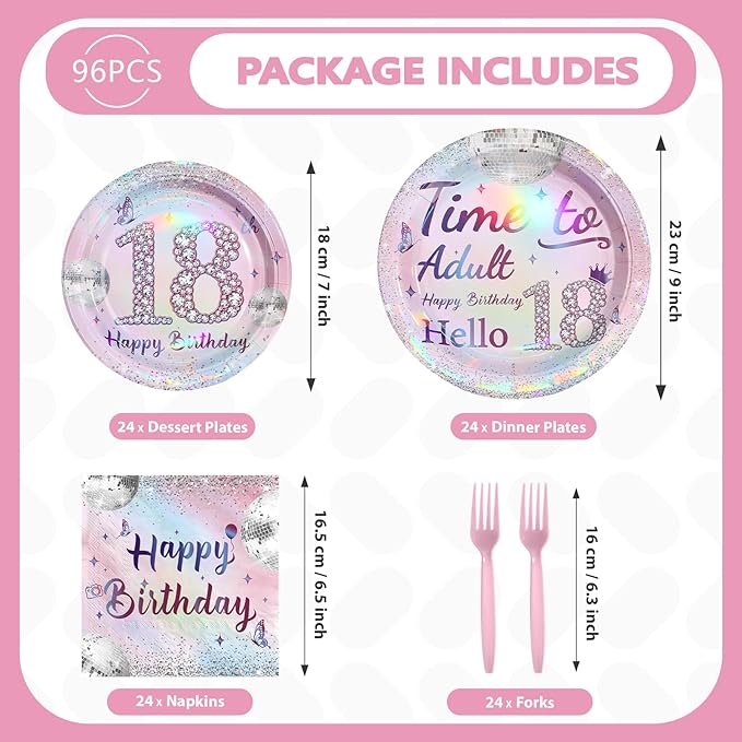 96Pcs 18th Birthday Party Decorations for Girls Time to Adult Plates and Napkins Iridescence Silver Pink 18th Tableware for Girls Time to Adult Eighteen Birthday Party Decorations Serve 24