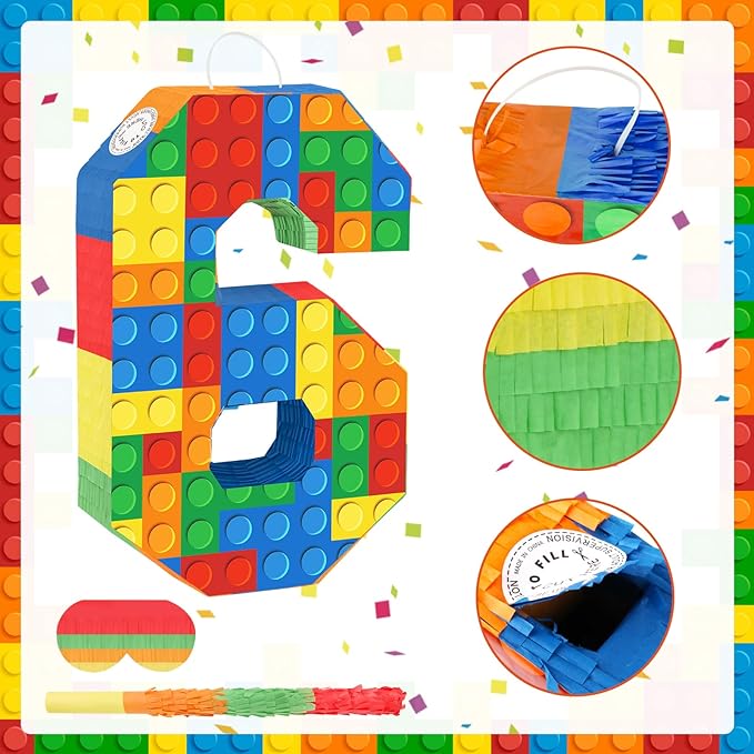 Building Blocks 6th Birthday Party Decorations Number 6 Pinata with Pinata Stick & Blindfold for Kids Girls Boys Happy Birthday Building Block Theme Party Supplies Carnival Games