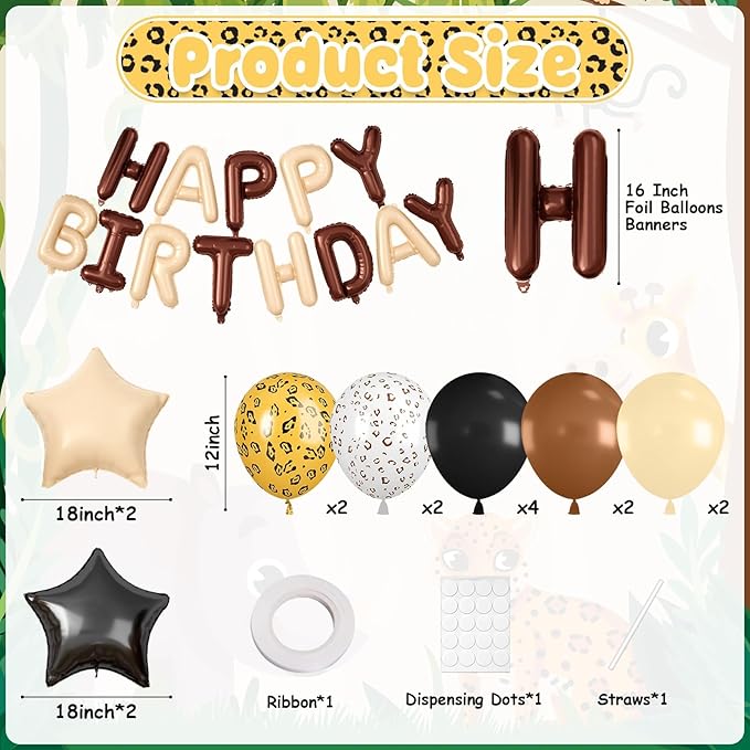 29PC Cream Brown Leopard Happy Birthday Balloon Banner, 16Inch 3D Aluminum Letter Banner Sign, Gold White Cheetah Printed 18 Inch Black Brown Star Foil Balloons for Leopard Cheetah Party Decorations