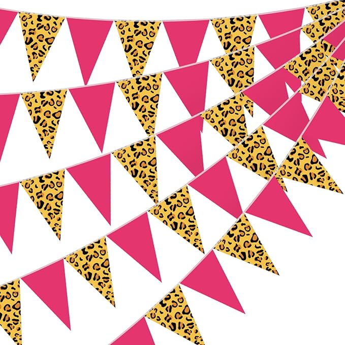 Tiamon 5 Pcs Leopard Cheetah Print Birthday Banner Decoration Hot Pink Cheetah Zoo Pennant Bunting 49.2 Ft Wild Animal Print Triangle Flag for Baby Shower Safari Leopard Party Supply Zoo Decor