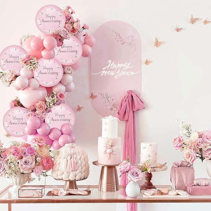 6 Pcs Happy Anniversary Balloons 18 Inch Round Foil Helium Balloon Birthday Engagement Wedding Celebration Anniversary Party Decorations Supplies Pink