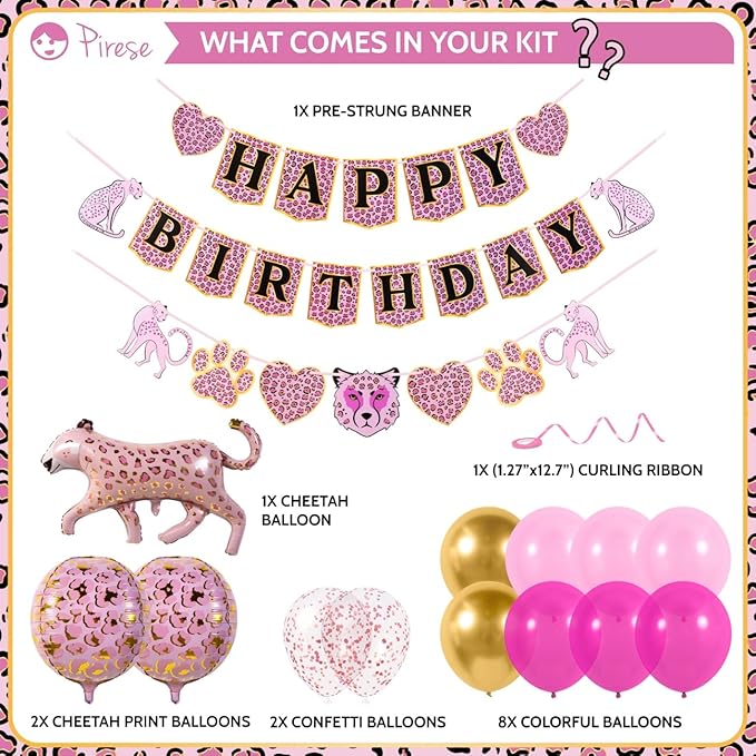 Pirese Pink Cheetah Happy Birthday Banner, Pink Cheetah Birthday Decorations, Leopard Party Decorations, Animal Birthday Party Decorations | Safari Party | Leopard Party Supplies | Animal Print