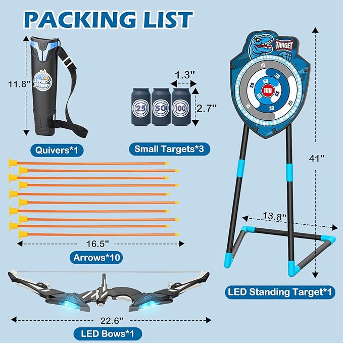 Kids LED Archery Set with Standing Target, 10 Suction Cup Arrows Bow and Arrow for Kids 3-12, Indoor Outdoor Sport Toy for Boys Girls
