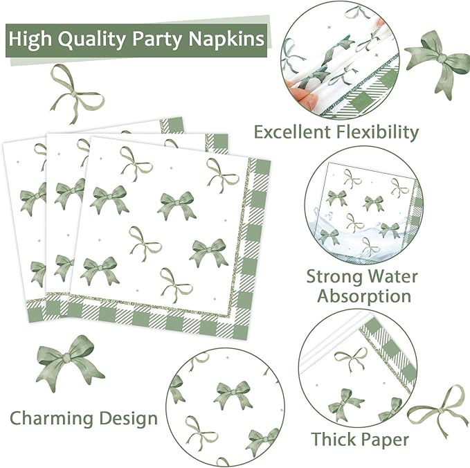 96Pcs Green Plaid Bow Spring Plates and Napkins Coquette Party Decorations Bow Theme Dessert Paper Plates Napkins Birthday Tableware Set for 24 Guests Girls Baby Shower Picnic BBQ Party Suppliess