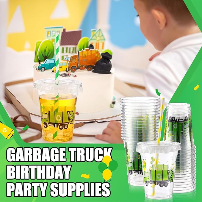 Domensi 50 Pcs Garbage Truck Birthday Party Plastic Cup 12 oz Garbage Car Thick Clear Cup Truck Mugs Trash Car Birthday Table Decorations Party Favor car Design