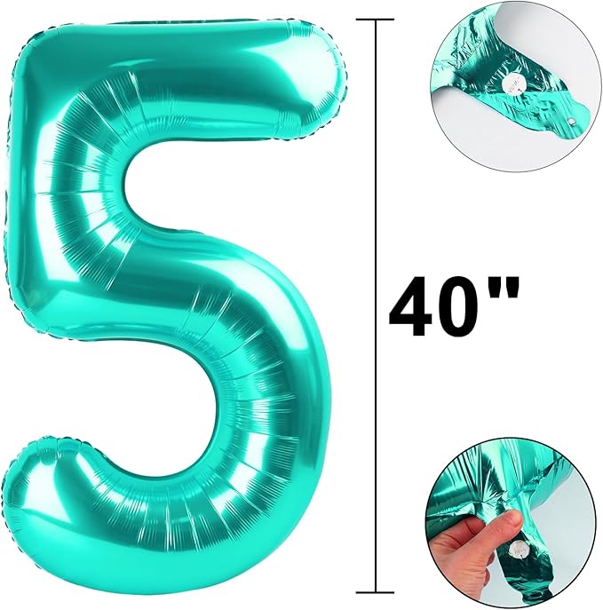 40 Inch Teal Blue Balloon Number 5 Balloon Jumbo Mylar Foil Helium Balloon for 15 25 35 50 Big Giant Jumbo Huge Foil Mylar Balloons 55th 65th Birthday Balloons Men Women Party Decorations