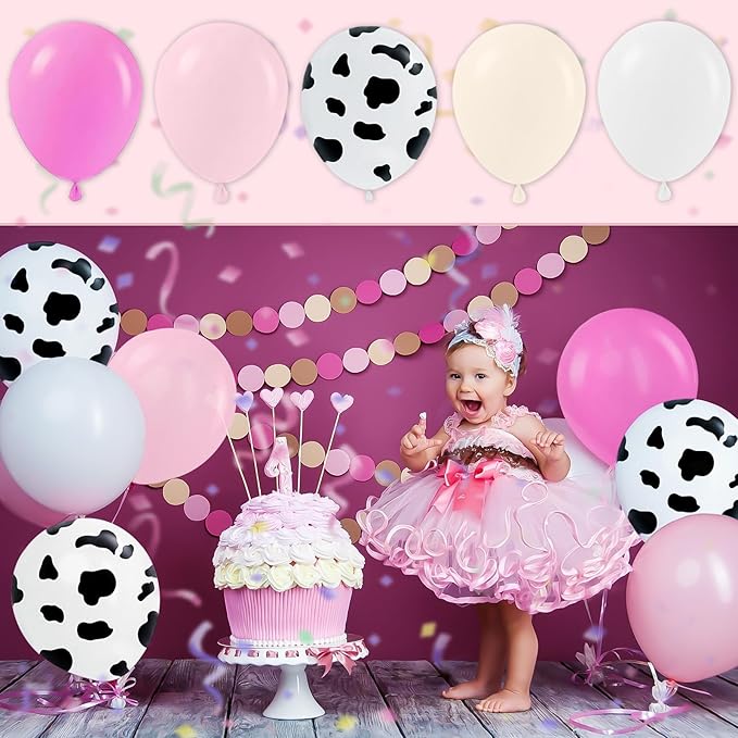 Pink Western Cowboy Balloons, 60pcs 12inches Pink White Cow Print Nude Blush Balloons, Party Balloons for Cowboy Birthday Baby Shower Farm Western Cowboy Cow Themed Party Decorations